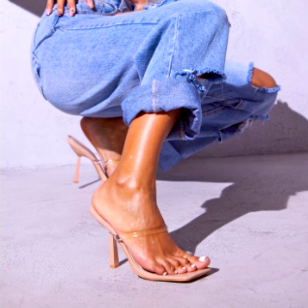 Nude Square Toe Clear Strap Toe Loop Mid Heeled Mules